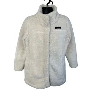 Columbia Panorama Long Jacket Sherpa Fleece Snap Front Size Large Cream Cozy
